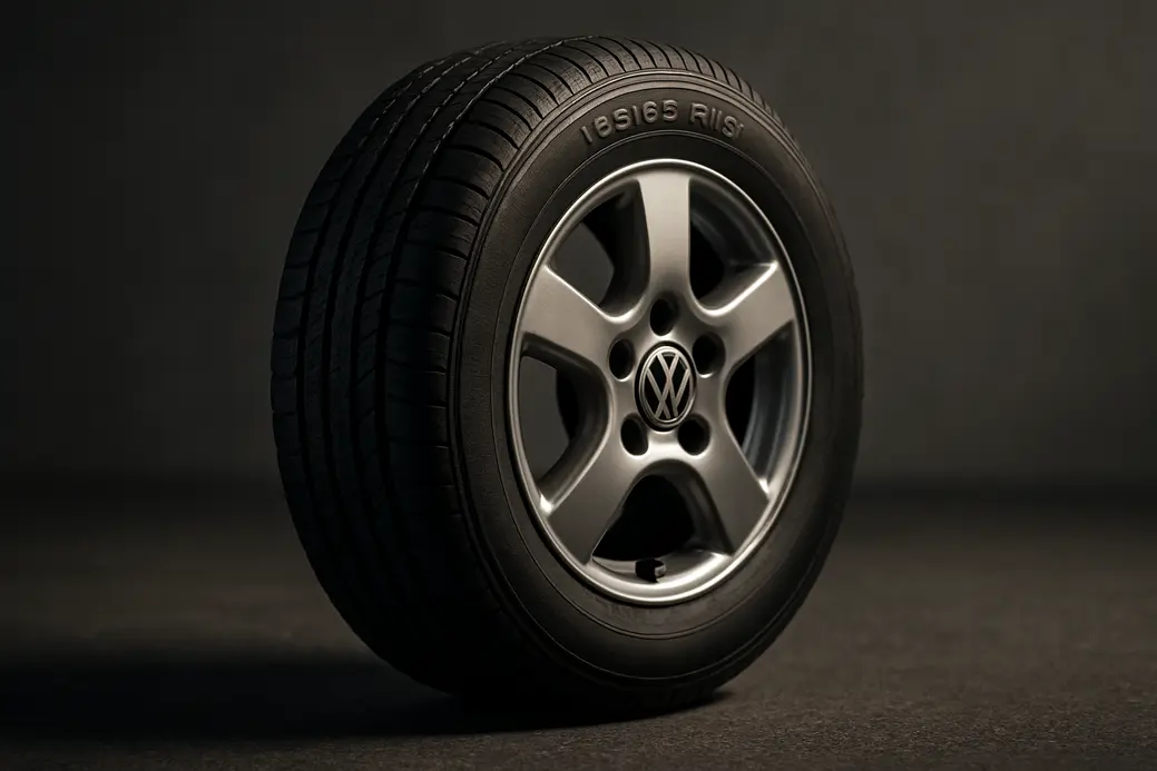 Close-up photograph of a single Volkswagen Golf 4 wheel with a 195/65 R15 tire, showing detailed tire tread and sidewall texture against a neutral asphalt or studio background.