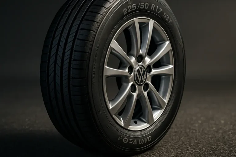 Macro close-up photo of a single car tire mounted on a Volkswagen Sharan wheel, showing detailed tire size and tread texture, resting on coarse asphalt with dramatic side lighting and shallow depth of field.
