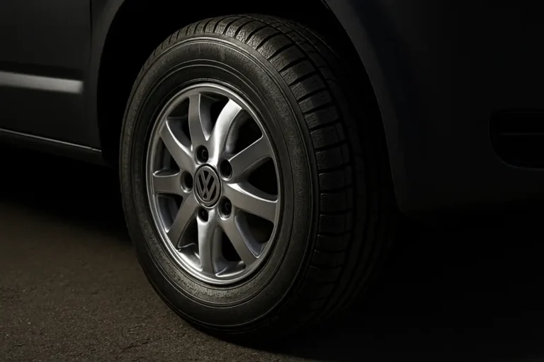 Macro close-up of a single car tire mounted on a VW T5, focusing on the detailed tread pattern, rubber texture, and polished rim against a neutral asphalt or studio background