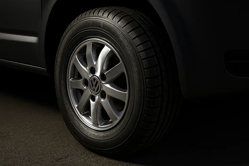 Macro close-up of a single car tire mounted on a VW T5, focusing on the detailed tread pattern, rubber texture, and polished rim against a neutral asphalt or studio background