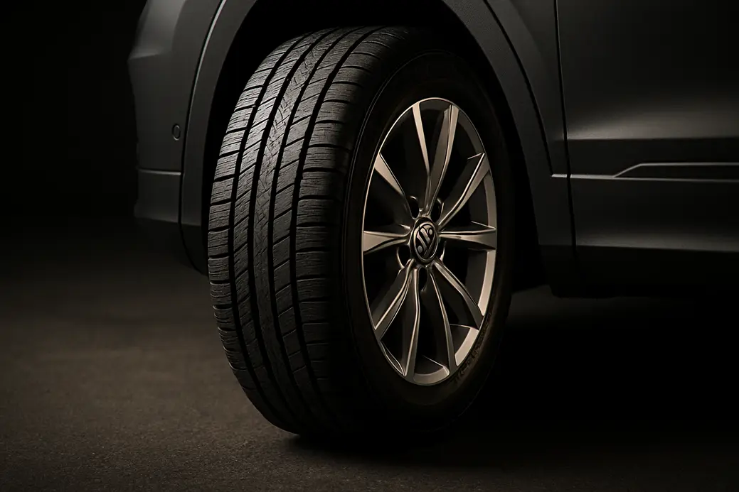 Close-up photo of a single tire mounted on a VW Tiguan, showing detailed rubber tread and dimensions, standing on asphalt or studio surface