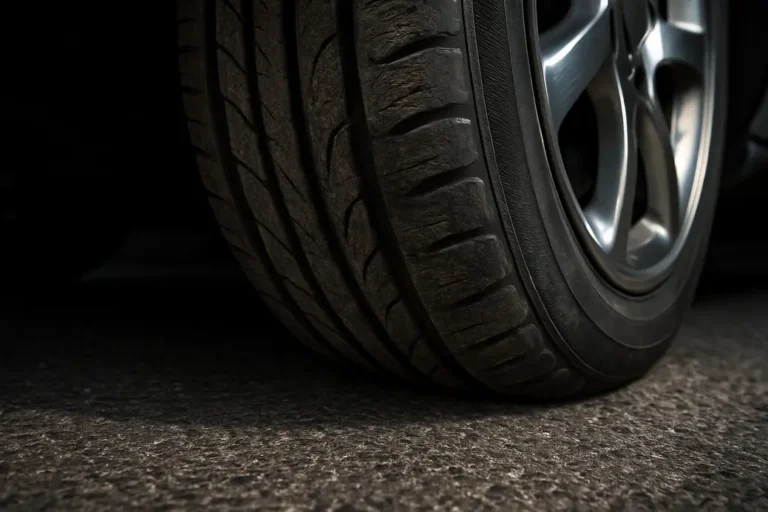 Macro close-up photo of a single car tire mounted on a vehicle with visible deformation and tread wear due to incorrect tire pressure, showing detailed rubber texture and coarse asphalt contact surface