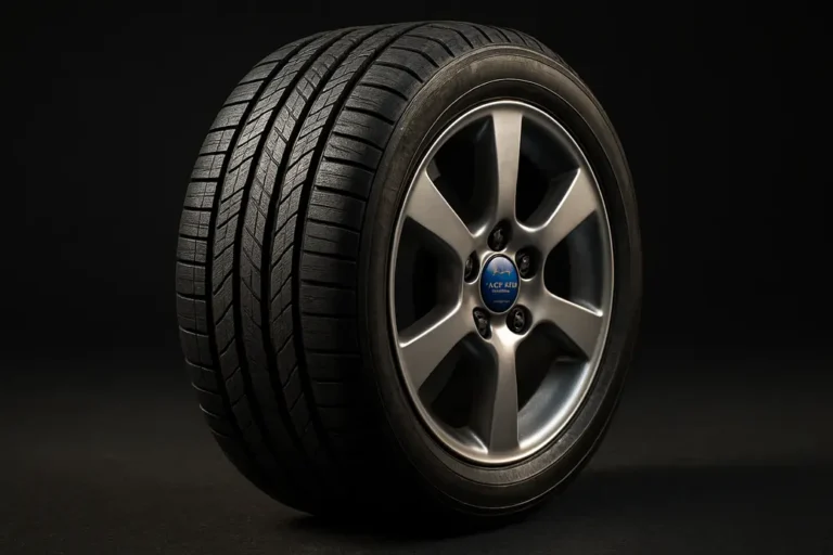 Macro close-up of a single Volvo V50 car tire showing detailed rubber tread pattern and metallic rim, mounted on the car, with a neutral background.