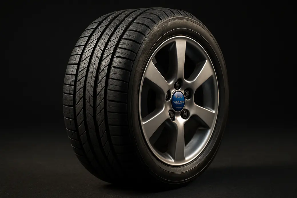 Macro close-up of a single Volvo V50 car tire showing detailed rubber tread pattern and metallic rim, mounted on the car, with a neutral background.