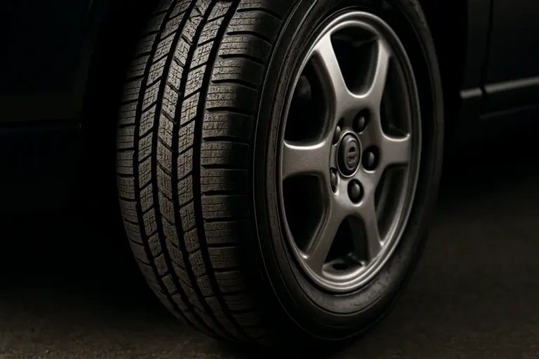 Close-up macro photograph of a single Volvo V70 car tire mounted on the vehicle, showing detailed vulcanized rubber texture, tire tread, and metal rim against a neutral asphalt or studio background.