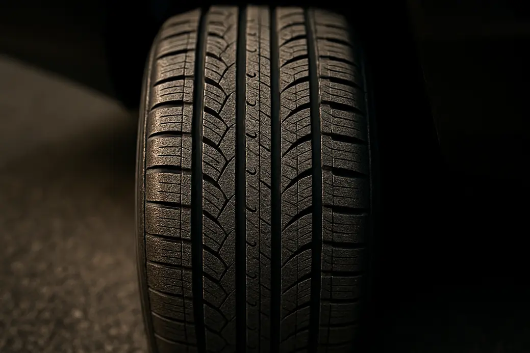 Close-up photo of a single car tire mounted on a vehicle showing detailed tread pattern and rubber texture with coarse asphalt underneath
