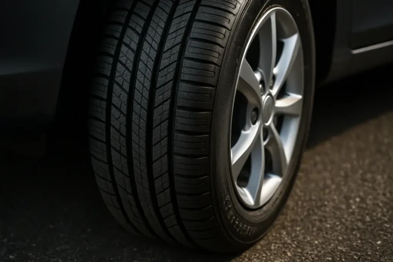 Close-up photo of a single car tire mounted on a vehicle, showing detailed rubber texture, tread pattern and sidewall with dimensions, set against a coarse asphalt background