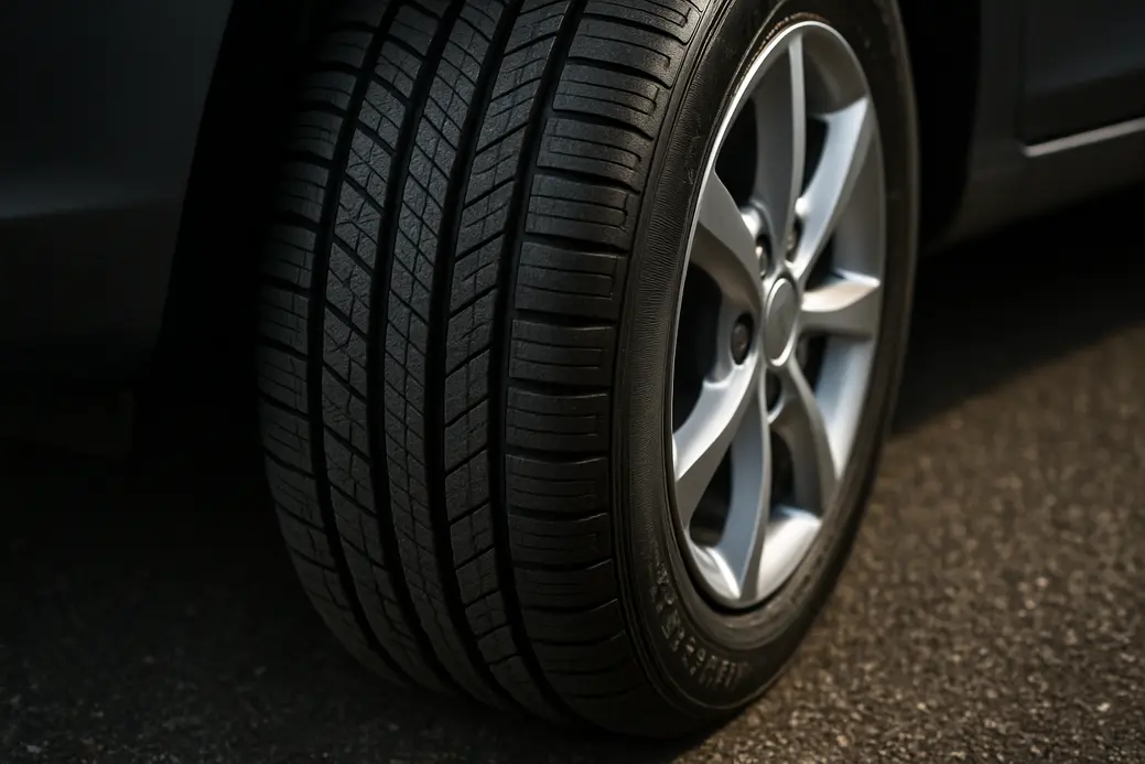 Close-up photo of a single car tire mounted on a vehicle, showing detailed rubber texture, tread pattern and sidewall with dimensions, set against a coarse asphalt background