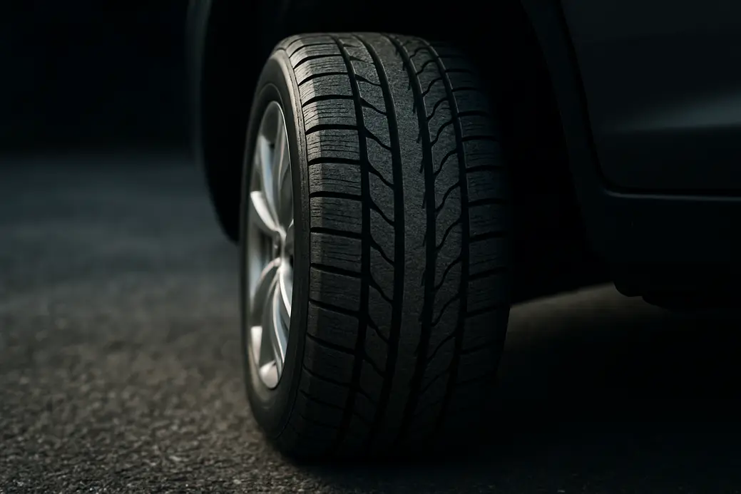 Close-up photo of a single car tire mounted on a vehicle showing detailed rubber texture and tread pattern, with a blurred asphalt background highlighting the tire's size and profile.