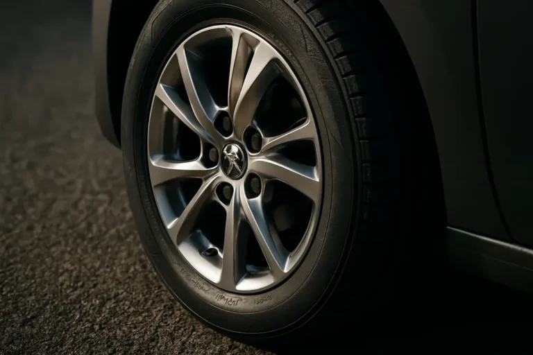 Close-up macro photo of a single Peugeot 208 car wheel with tire mounted, showing detailed vulcanized rubber texture and real asphalt road contact surface.