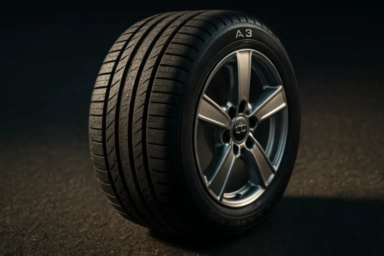 Macro photo of a single mounted Audi A3 car tire with detailed tread pattern and alloy wheel rim, placed on coarse asphalt, sharply focused to highlight tire dimensions and texture