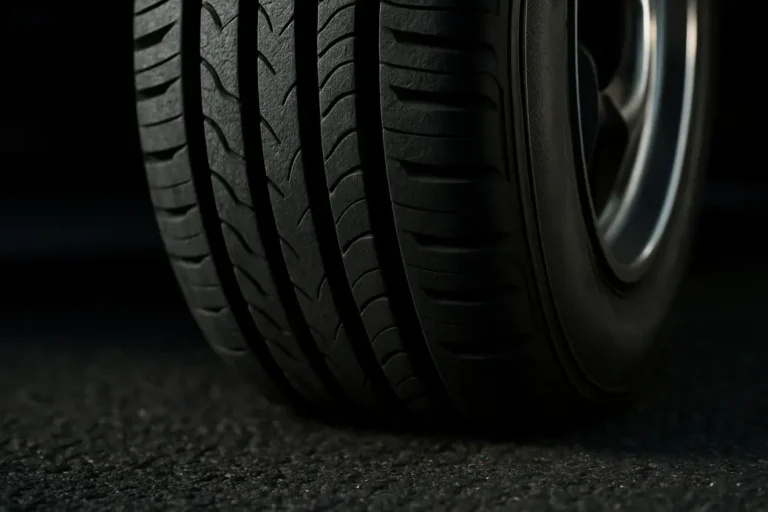 Macro close-up photo of a single car tire mounted on a car, focusing on the tire tread and sidewall with subtle deformation to show the effects of incorrect tire pressure on tire wear and contact with asphalt.
