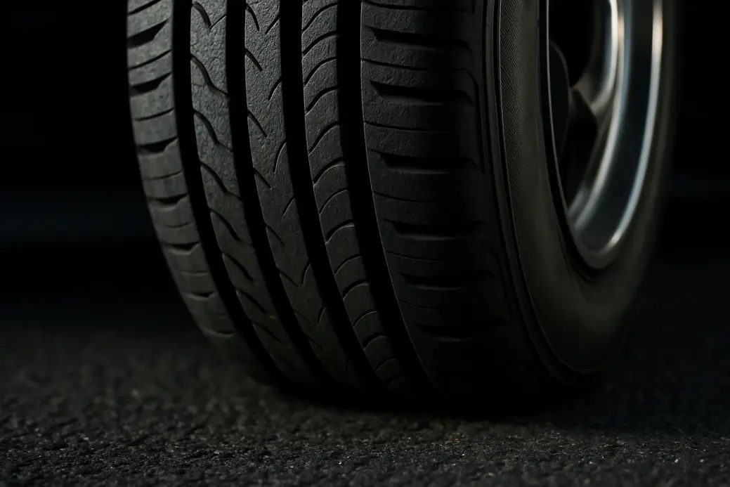 Macro close-up photo of a single car tire mounted on a car, focusing on the tire tread and sidewall with subtle deformation to show the effects of incorrect tire pressure on tire wear and contact with asphalt.