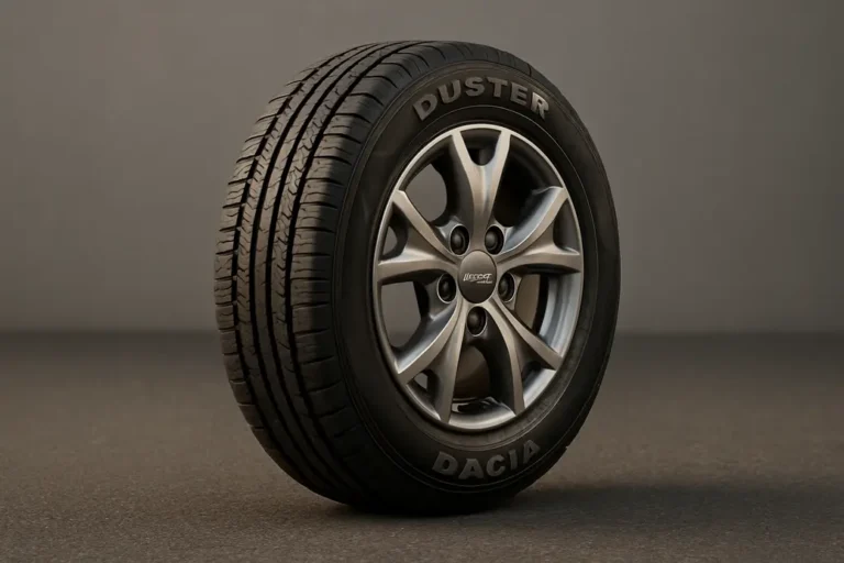 Close-up photo of a single Dacia Duster tire mounted on a wheel, showing detailed rubber texture and tread pattern with a realistic asphalt or neutral background to highlight correct tire size and fitment.