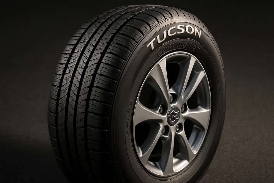 Close-up macro photo of a single Hyundai Tucson car tire mounted on the vehicle, showing detailed rubber tread texture and clear tire size markings on the sidewall, with a coarse asphalt or neutral background.
