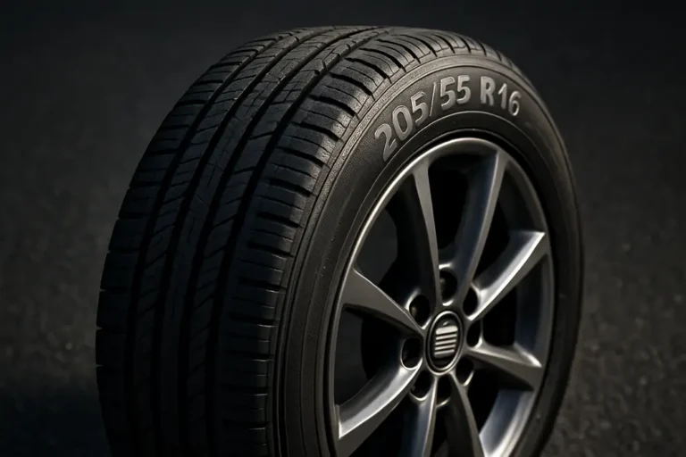 Macro close-up of a single Seat Leon car tire mounted on a wheel, showing the 205/55 R16 size clearly with sharp rubber texture and tire tread, partially visible wheel rim reflecting light, set against a coarse asphalt surface background