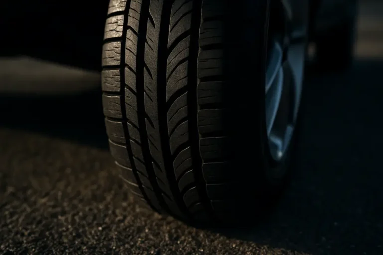 Close-up macro photograph of a single car tire mounted on a vehicle, showing detailed tread pattern with visible grooves and depth on realistic asphalt surface.