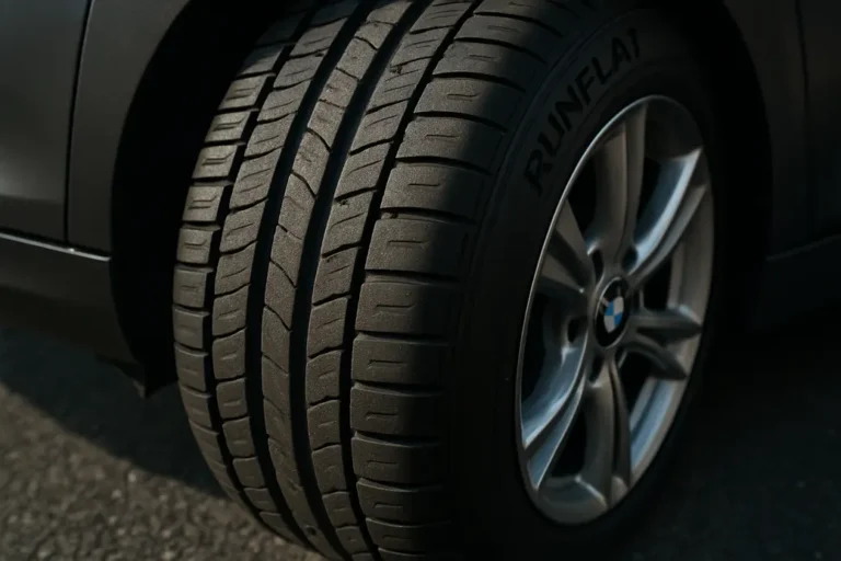 Macro close-up of a runflat tire mounted on a BMW car showing the detailed tread and sidewall structure in contact with coarse asphalt, partial BMW body visible
