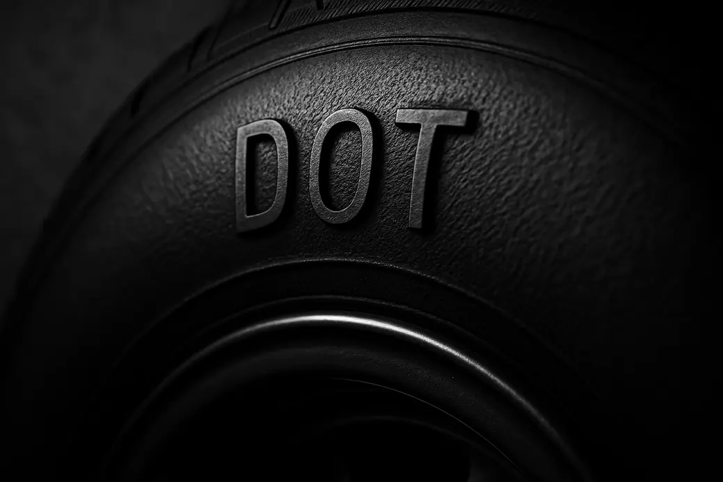 Macro close-up photo of a car tire mounted on a vehicle, focusing on the detailed DOT code embossed in the rubber sidewall, with a clear asphalt or studio background and dramatic lighting emphasizing texture and depth.