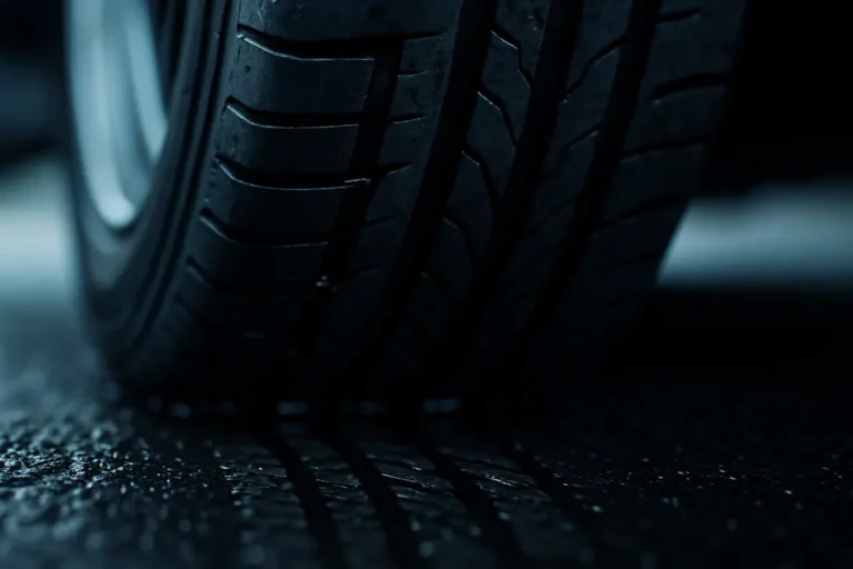Macro close-up van een gemonteerde autoband op nat asfalt, met scherp zichtbare profielgroeven gevuld met waterreflecties en zichtbare slijtage-indicatoren op het loopvlak.