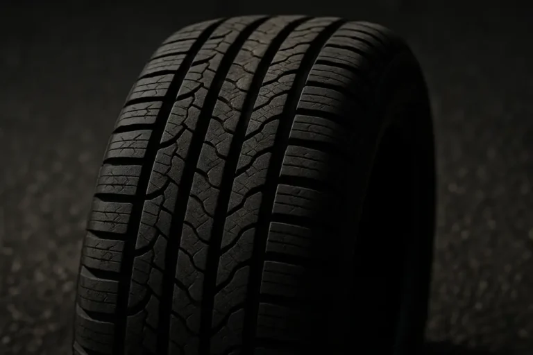 Macrofoto van een enkele all season autoband gemonteerd aan een auto, met scherpe focus op het rubber profiel en de textuur, en een grove asfalt ondergrond zichtbaar