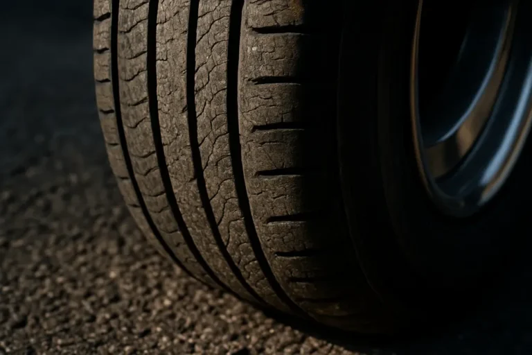 Macro close-up of a single car tire with visible tread wear due to incorrect tire pressure, showing rubber texture and contact with asphalt road surface