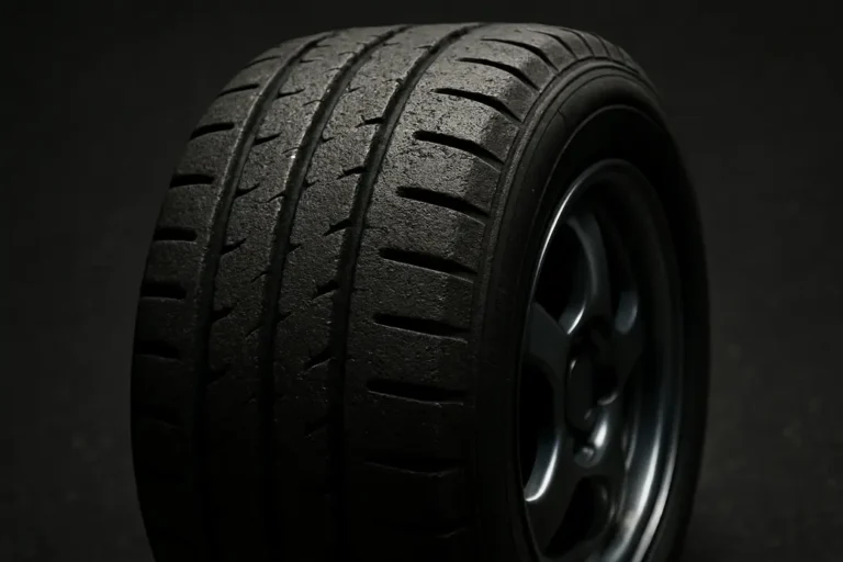 Close-up macro photograph of a single car tire mounted on a vehicle, showing worn rubber tread texture against an asphalt or neutral studio background