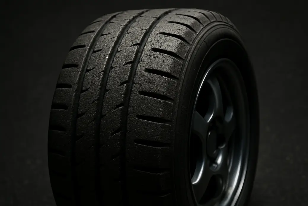 Close-up macro photograph of a single car tire mounted on a vehicle, showing worn rubber tread texture against an asphalt or neutral studio background