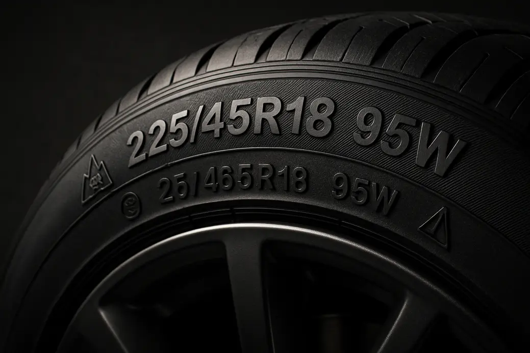 Close-up macro photograph of an automotive tire mounted on a vehicle, focusing on the embossed sidewall symbols with detailed vulcanized rubber texture and a blurred asphalt or studio background