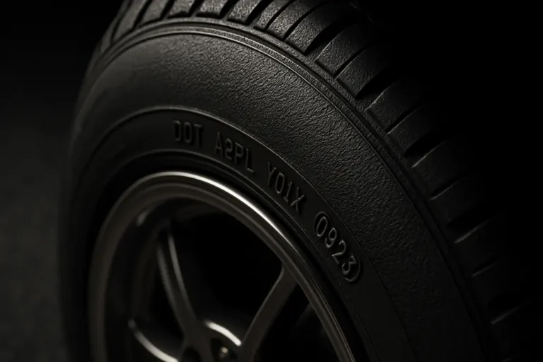 Macro close-up of a single car tire sidewall mounted on a vehicle, showing clear DOT code with textured rubber surface in sharp focus against a softly blurred asphalt background