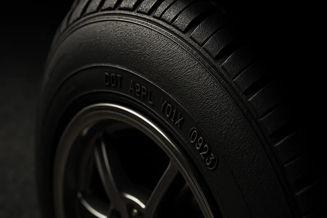 Macro close-up of a single car tire sidewall mounted on a vehicle, showing clear DOT code with textured rubber surface in sharp focus against a softly blurred asphalt background