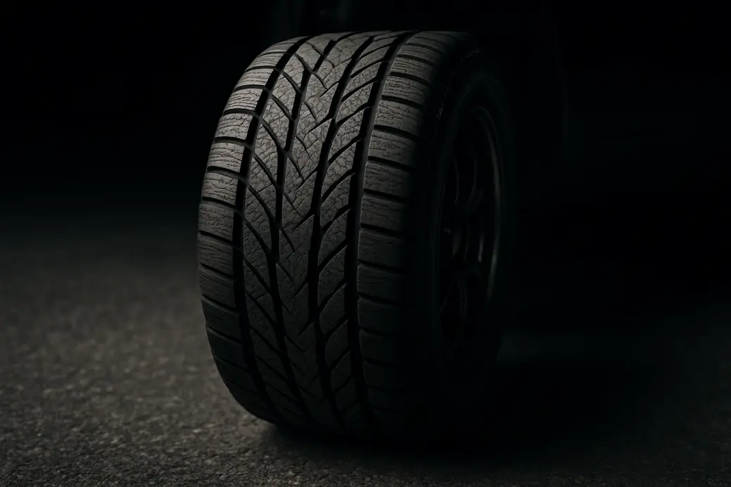 Close-up low-angle macro photo of a single rear car tire showing detailed tread pattern uniformly contacting a coarse asphalt surface, highlighting correct wheel alignment to reduce tire wear.