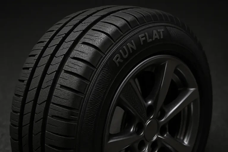 Close-up macro photograph of a single run flat tire mounted on a car, highlighting the reinforced sidewall with detailed vulcanized rubber texture against a coarse asphalt or studio background.