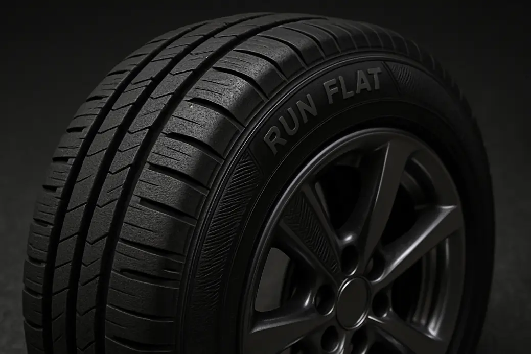 Close-up macro photograph of a single run flat tire mounted on a car, highlighting the reinforced sidewall with detailed vulcanized rubber texture against a coarse asphalt or studio background.