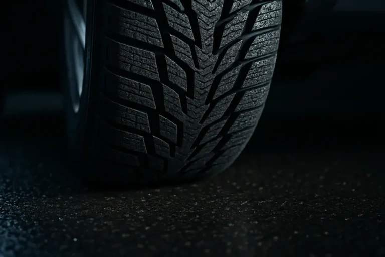 Macro close-up photo of a single winter tire mounted on a car, showing detailed tread pattern and rubber texture on wet asphalt surface