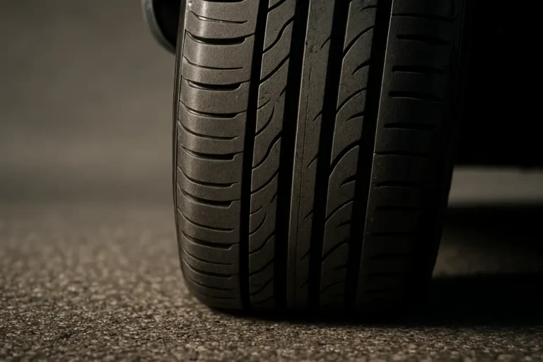 Close-up macro photo of a single summer car tire mounted on a vehicle, showing detailed tread pattern and rubber texture in contact with realistic coarse asphalt, with sharp focus and neutral background