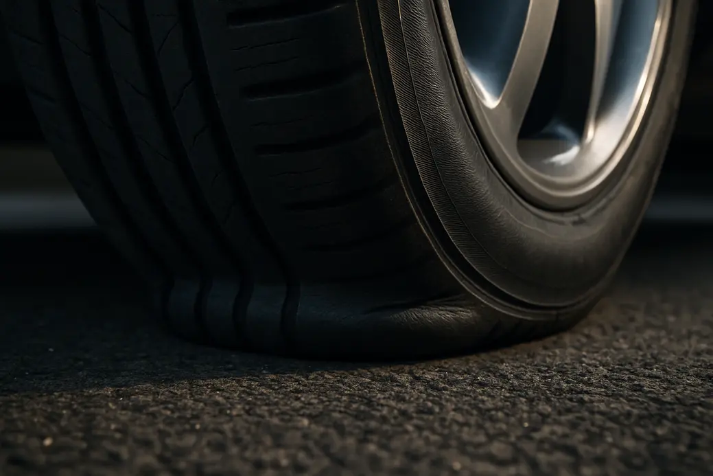 Macro close-up of a single car tire mounted on a vehicle showing uneven tire pressure with visible rubber deformation making contact with coarse asphalt surface.