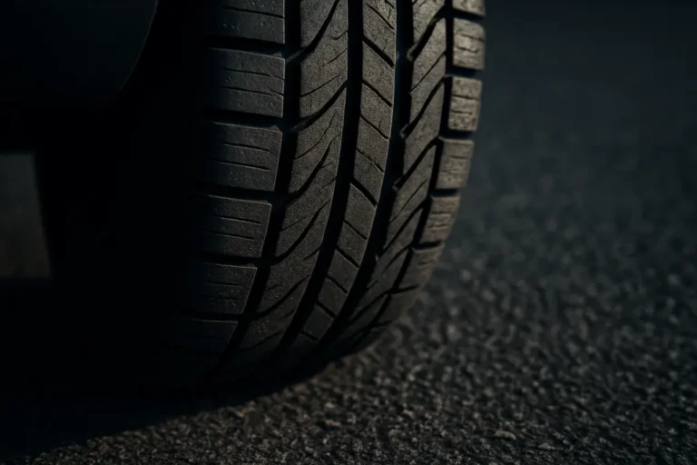 Macro close-up photograph of a single car tire mounted on a vehicle, showing detailed rubber tread texture and contact with coarse asphalt surface, highlighting the condition of the tire for safety inspection.