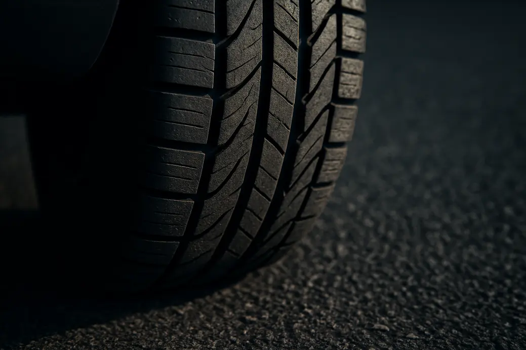 Macro close-up photograph of a single car tire mounted on a vehicle, showing detailed rubber tread texture and contact with coarse asphalt surface, highlighting the condition of the tire for safety inspection.