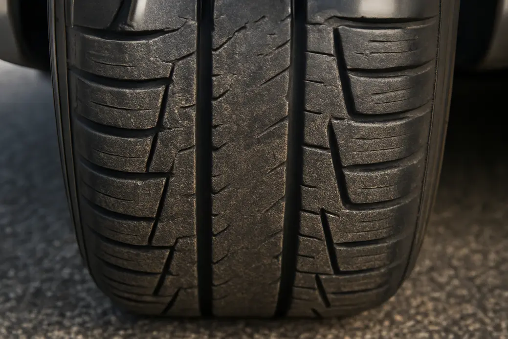 Macro close-up of a car tire mounted on a car, showing uneven tread wear and vulcanized rubber texture against coarse asphalt, highlighting the impact of incorrect tire pressure