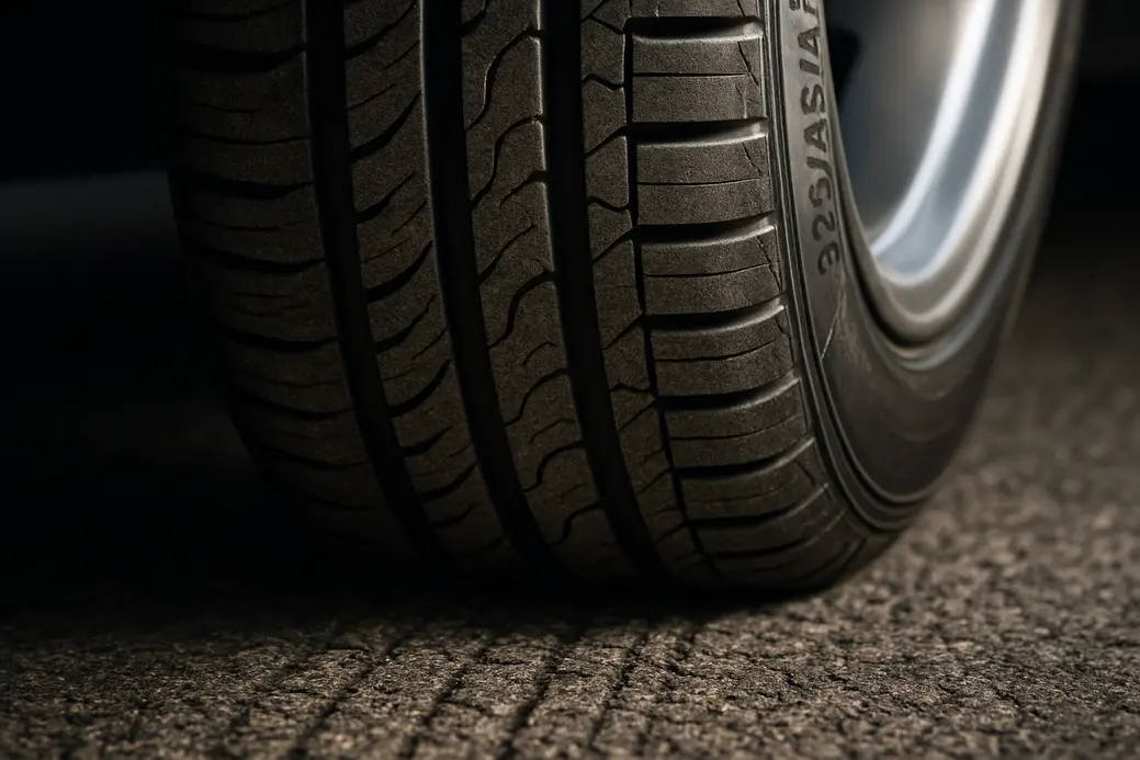 Close-up of a single 225 45 R17 car tire mounted on a vehicle, showing detailed rubber texture and tread pattern in sharp focus on a realistic asphalt surface