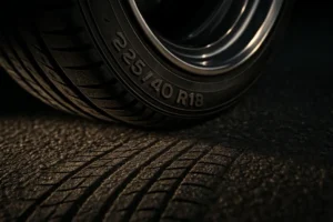 Macro photo of a single 225 40 R18 car tire mounted on a vehicle, showing detailed tread texture and the contact patch on coarse asphalt with dramatic lighting.