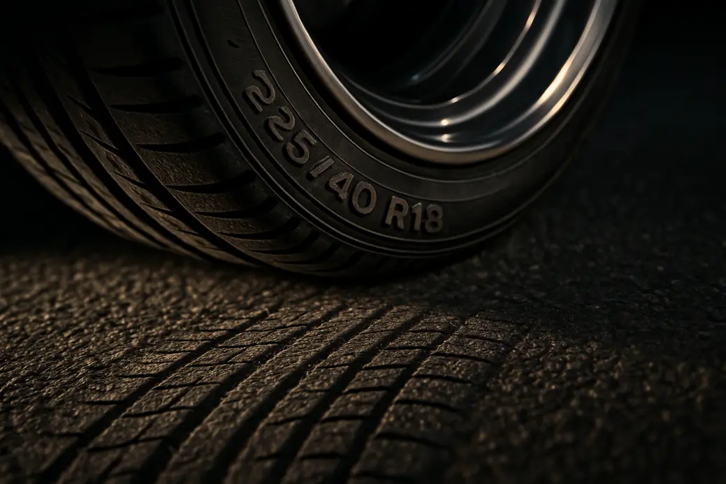 Macro photo of a single 225 40 R18 car tire mounted on a vehicle, showing detailed tread texture and the contact patch on coarse asphalt with dramatic lighting.
