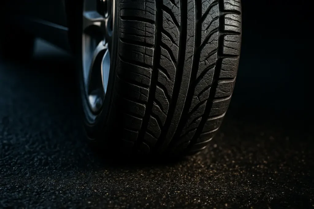 Macro close-up photo of a single car tire mounted on a vehicle, showing detailed rubber tread and contact patch with coarse asphalt under natural lighting, emphasizing tire grip and condition.