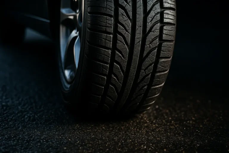 Macro close-up photo of a single car tire mounted on a vehicle, showing detailed rubber tread and contact patch with coarse asphalt under natural lighting, emphasizing tire grip and condition.