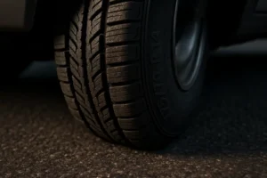 Macro close-up photo of a single 175 70 r14 car tire mounted on a vehicle, showing detailed tread pattern and vulcanized rubber texture in contact with coarse asphalt, with neutral background and sharp focus on tire-road interface.