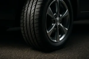 Close-up photo of a single car tire mounted on a vehicle, showing detailed rubber texture and deformation where the tire contacts coarse asphalt, with visible vehicle rim and reflections