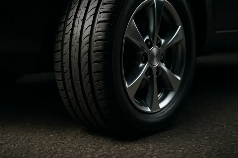 Close-up photo of a single car tire mounted on a vehicle, showing detailed rubber texture and deformation where the tire contacts coarse asphalt, with visible vehicle rim and reflections