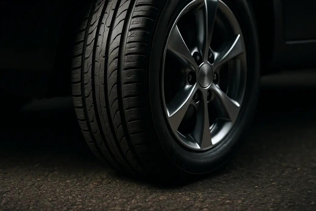 Close-up photo of a single car tire mounted on a vehicle, showing detailed rubber texture and deformation where the tire contacts coarse asphalt, with visible vehicle rim and reflections