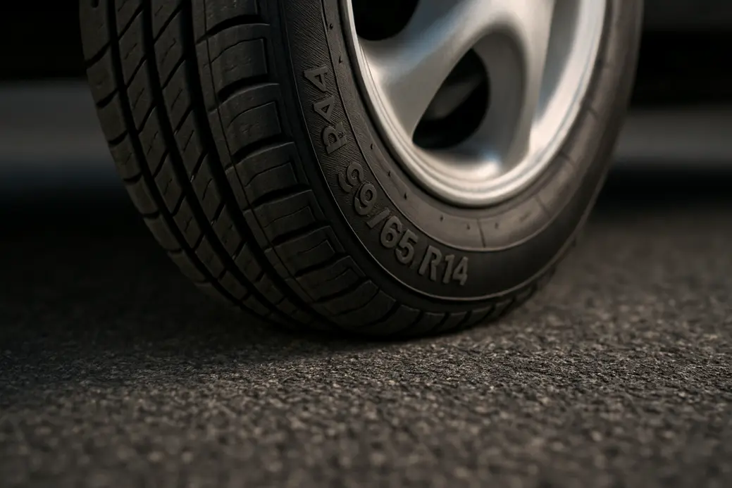 Close-up macro photo of a single 185 65 R14 car tire mounted on a vehicle, showing detailed tire tread texture and contact patch with coarse asphalt surface, highlighting correct tire pressure effects.